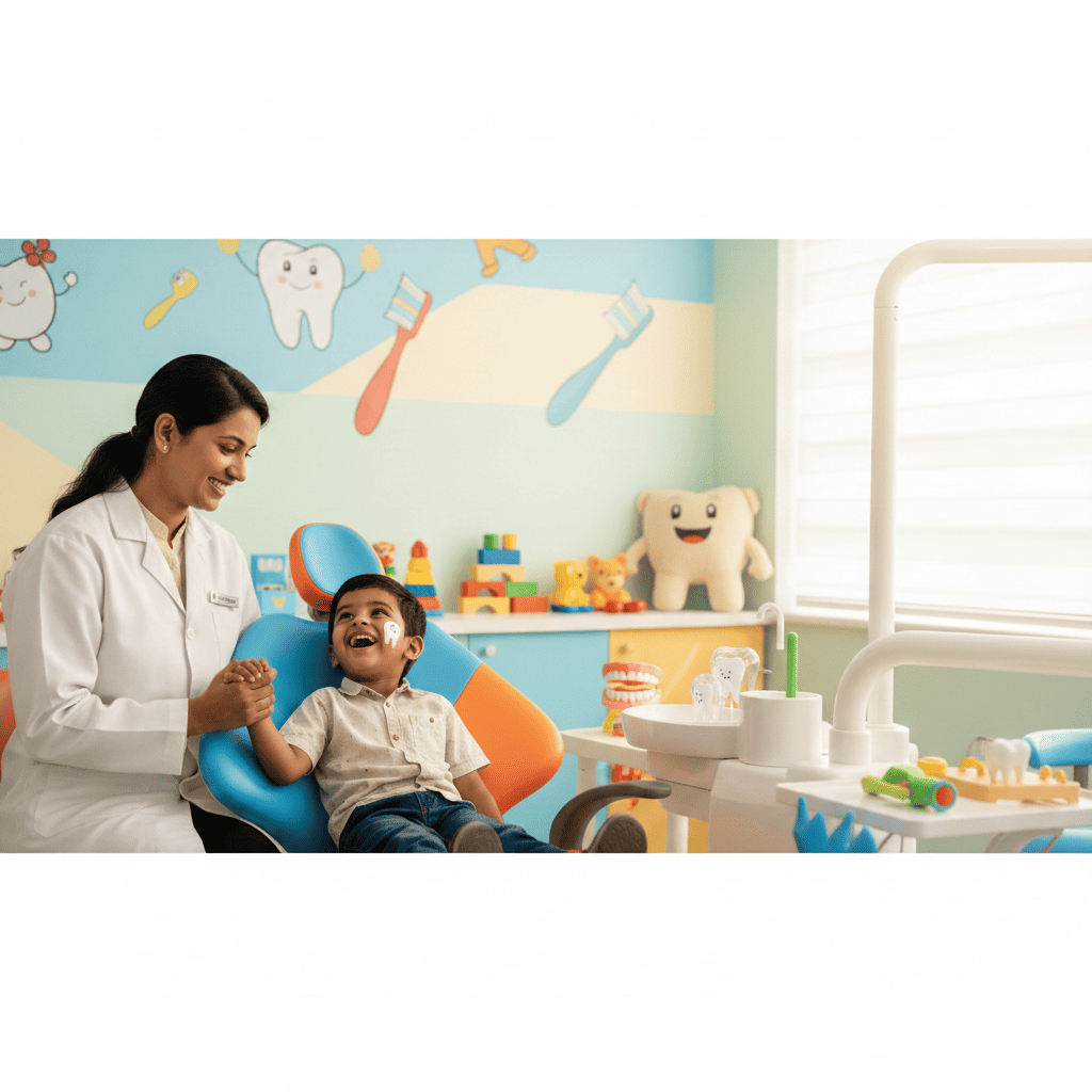 Child receiving gentle pulpectomy treatment at Little Roots Kids Dental Clinic in Bangalore
