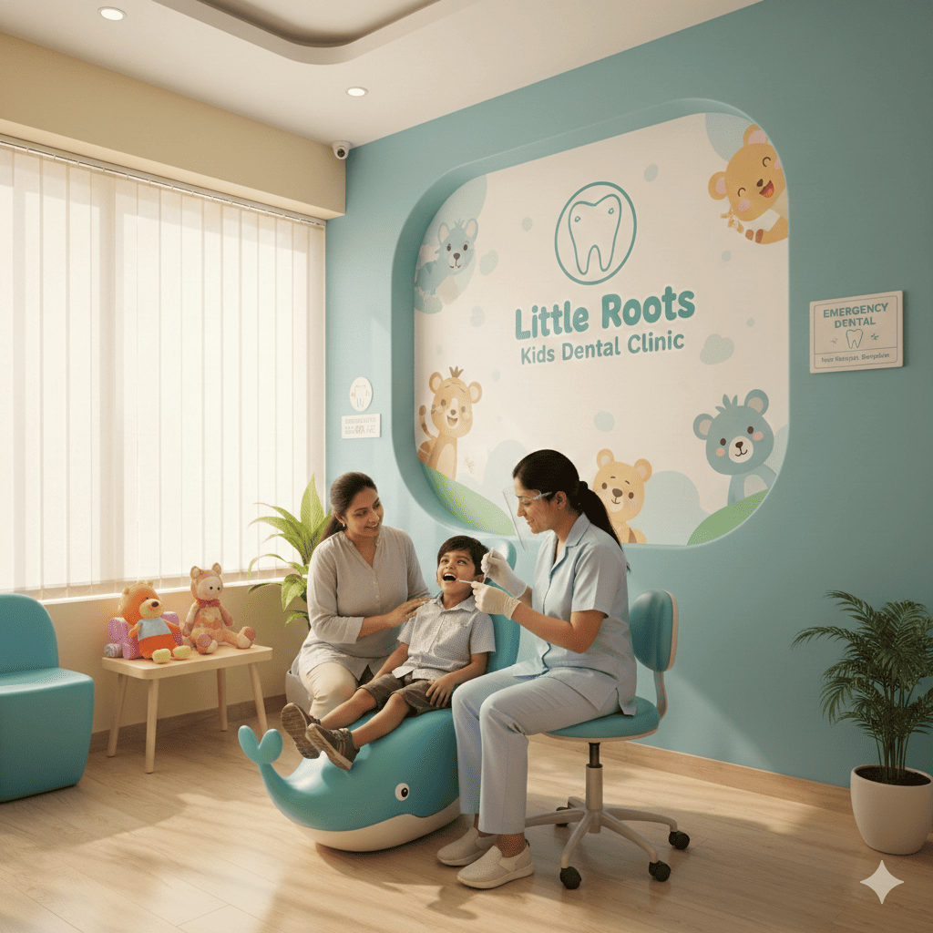 Pediatric dentist treating a smiling child at Little Roots Kids Dental Clinic in Bangalore, offering emergency dental injury care near Manyata.