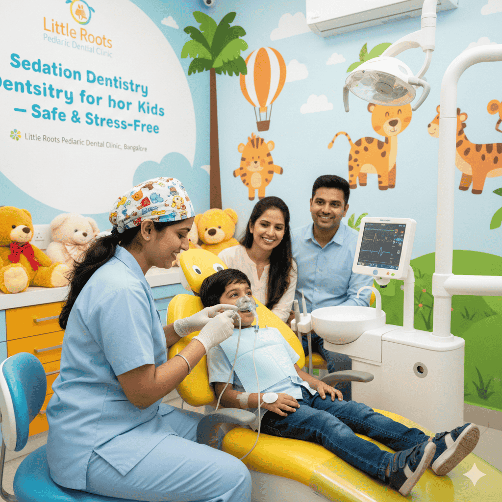 A pediatric dentist gently administering laughing gas sedation to a relaxed child in a colorful kids’ dental clinic, with smiling parents watching — safe and stress-free sedation dentistry for children at Little Roots Bangalore.